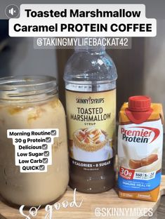 the ingredients needed to make caramel protein coffee are displayed on a wooden tray with text that reads toasted marshmallow caramel protein coffee