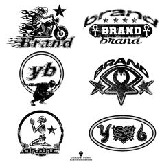 four different logos for motorcycles and other things in black and white, each with an image of