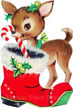 an old fashioned christmas card with a small dog in a boot holding a candy cane