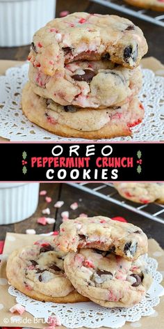 oreo peppermin crunch cookies are stacked on top of each other and ready to be eaten