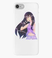 a girl with long black hair and purple dress holding a cell phone to her ear