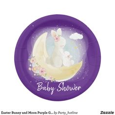 a purple paper plate with an image of a bunny and her baby on the moon