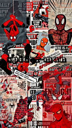 a collage of spider - man stickers and newspaper clippings is shown