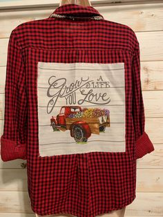 One of a kind repurposed women's flannel shirt with throw a little love graphics on the back, 100% cotton, size large Fall Gingham Cotton Shirt, Gingham Cotton Flannel Shirt For Fall, Fall Gingham Cotton Flannel Shirt, Spring Gingham Flannel Cotton Shirt, Fall Cotton Flannel Shirt With Graphic Print, Plaid Cotton Flannel Shirt With Graphic Print, Distressed Shirts, Womens Flannel Shirt, Distressed Shirt