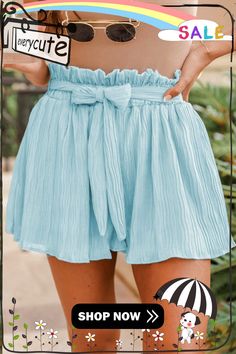 Sky Blue Ruffled Waist Pleated Shorts with Belt Blue Bottoms With Tie Waist For Day Out, Blue Tie Waist Bottoms For Spring, Blue Bottoms With Tie Waist For Spring, Chic Light Blue Beach Bottoms, Chic Light Blue Shorts For Spring, Light Blue Ruffled Bottoms For Vacation, Blue Tie-waist Bottoms For Day Out, Blue Paperbag Waist Bottoms For Spring, Light Blue Ruffled Bottoms For Summer