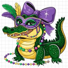 a crocodile wearing a mask and beads on it's head, with the words mardi gras written below