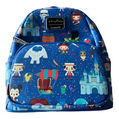 Blue Backpack For Theme Park, Blue Standard Backpack For Theme Park, Blue Backpack For Disney Fan Events, Themed Travel Backpack, Disney Travel Backpack With Zipper Closure, Disney Blue Standard Backpack, Disney Style Blue School Backpack, Disney Backpack For Theme Park And Back To School, Blue Disney Travel Backpack