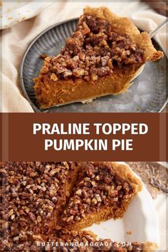 a piece of pumpkin pie with pecans on top and the bottom half cut out