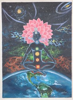 a painting of a person sitting on top of the earth with a lotus in their lap