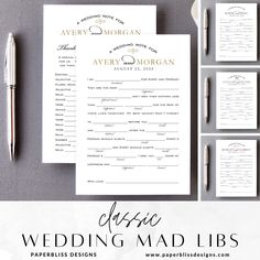 the wedding mad libs are laid out on top of each other and ready to be printed