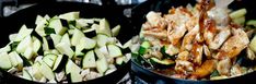 two pans filled with food sitting on top of a stove next to each other