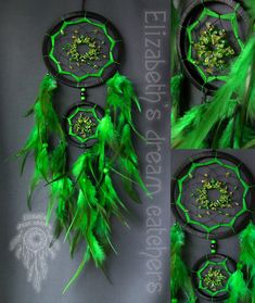 three pictures of green feathers and beads on a black plate with the words flossy dreams written in it