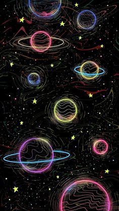 an abstract background with neon circles and stars in the night sky, as if it were drawn