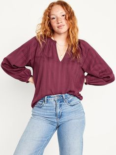 Textured Dobby Top | Old Navy Trendy V-neck Top With Blouson Sleeves, V-neck Top For Daywear In Fall, Fall V-neck Top With Gathered Sleeves, Chic Split Neck V-neck Top For Fall, Casual Blouse With Notched Neckline For Fall, Long Sleeve Blouse For Fall Daywear, Long Sleeve Blouse For Daywear In Fall, Trendy Split Neck Blouse For Fall, Trendy Split Neck Fall Blouse