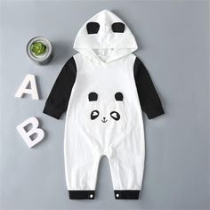 Baby Panda Color Contrast Long Sleeve Hooded Romper - PrettyKid Playful White Hoodie For Winter, White Long Sleeve Onesie For Fall, Hooded Casual Onesie For Fall, Casual Hooded Onesie For Fall, White Stretch Casual Onesie, Long Sleeve Onesie For Playtime In Winter, Cute White Hoodie For Playtime, White Cotton Hoodie For Casual Wear, Casual White Stretch Onesie