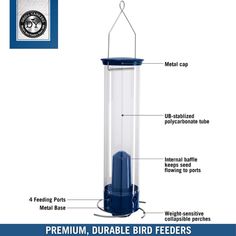 a blue bird feeder with instructions on how to use it