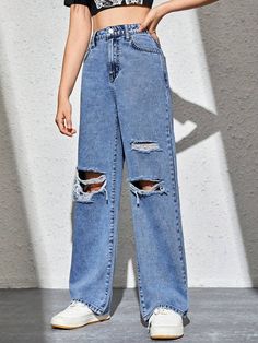 Fit Type:Loose \nDetails:Pocket \nDetails:Ripped \nDetails:Zipper \nClosure Type:Zipper Fly \nColor:Dark Wash \nPattern Type:Plain \nType:Straight Leg \nWaist Line:Natural \nLength:Long \nFabric:Non-Stretch \nMaterial:Denim \nComposition:68% Cotton \nComposition:16% Polyester \nComposition:14% Viscose \nComposition:2% Modal \nLining:100% Polyester \nCare Instructions:Machine wash, do not dry clean \nBody:Unlined \nSheer:No \n Teen Jeans, Cut Out Jeans, Dream Outfits, Trendy Jeans, Moda Jeans, Jeans Casual, Cute Jeans, Girls Denim