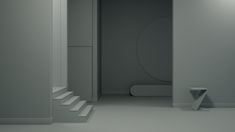 an empty white room with stairs leading up to the toilet and another one in the corner