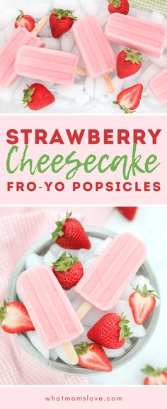 strawberry cheesecake popsicles on a plate with strawberries