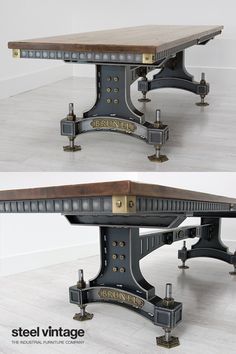 two pictures of an old fashioned table with wheels on the bottom and one is turned upside down