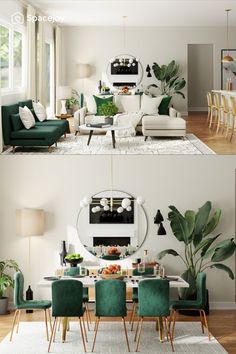 two pictures of a living room and dining area with green chairs, white couches, and large mirror on the wall