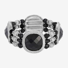 Add bold style to your collection! Featuring a multi-row stretch bracelet design with large black stones in silver-toned settings combined with a set of black and silver-toned beads to create this stylish accessory.Bead Type: AcrylicFeatures: BeadedCircumference: 7 InchMetal Color: Silver ToneCare: Wipe CleanBracelet Type: Stretch BraceletsMetal: AlloyIs Beaded: NoCountry of Origin: Imported Adjustable Black Metal Stretch Bracelet, Adjustable Black Stretch Bracelet With Silver Beads, Silver Stretch Bracelet With Black Beads, 1928 Jewelry, Bracelets Beaded, Black Stones, Bracelet Design, Bracelet Black, Bold Style