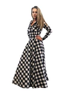 "Checkered Dress, Maxi Dress Women, Tartan Dress Fun and stylish casual black and white plaid long cotton dress with adjustable long sleeves - personalize your dress the way you want. Snug fit 'till the waist, this checkered flare maxi dress flows like a dream all the way down to the floor. This shirt dress is just perfect for spring, summer, and fall! **A final touch to make your look the most stunning in the room. You can add a BELT for more luxury:https://www.etsy.com/listing/995708064/ You c Cheap White Cotton Plaid Dress, Cheap White Plaid Cotton Dress, Casual Plaid Maxi Dress, Plaid Long Sleeve Dress For Daywear, Plaid Shirt Maxi Dress, Black And White Plaid Dress, Plus Size Wedding Guest Dress, Buffalo Plaid Dress, Cotton Long Dress