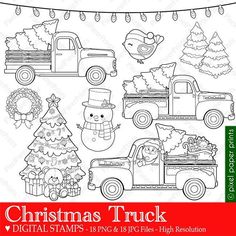 christmas truck digital stamp set with trees and presents