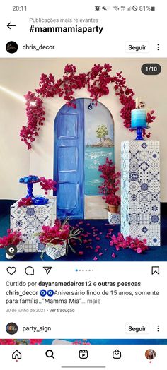 an instagram page with flowers and vases in front of the door to a room