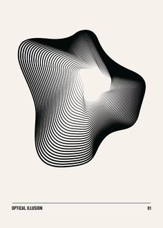 a black and white poster with an abstract design in the shape of a curvey object