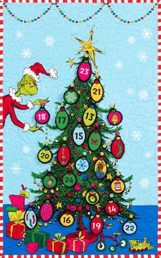 a christmas tree with numbers on it and an elf sitting next to the top one