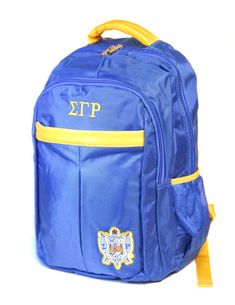 The Sigma Gamma Rho Luxury backpack. The design includes the embroidered Greek Letters and Sorority Crest on the front of the backpack. This book bag is comfortable and versatile, this pack is ideal for hauling everything you need to get through your busy day when you’re away from your locker or home. FEATURES - 100% PU LEATHER - TEAM LOGO EMBROIDERY ON FRONT PRODUCT CARE - SPOT CLEAN ONLY DIMENSIONS - 17"H X 13"W X 8"D Back To School Spirit Travel Bags, School Spirit Travel Backpack, School Spirit Backpack For Everyday Use, Everyday School Spirit Backpack, Embroidered Logo Travel Bags For Back To School, School Backpack With Embroidered Logo, Back To School Travel Bags With Embroidered Logo, Travel Bags With Embroidered Logo For Back To School, Blue College Backpack