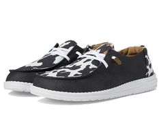 Hey Dude Wendy Animal - Women's Shoes : Black/Cow : Walk in style and comfort as you step out of the house wearing the Hey Dude Wendy Animal shoes. Textile upper and lining. Man-made insole. Slip-on style with lace closure. Round toe box. Intricate cow-skin inspired print allover. Man-made outsole. Imported. Measurements: Weight: 5 oz Product measurements were taken using size 10, width M. Please note that measurements may vary by size. Cow Hey Dudes, Cow Print Hey Dudes, Country Fits, Animal Shoes, Hey Dudes, Black Cow, Cow Skin, Most Comfortable Shoes, Walking On Clouds