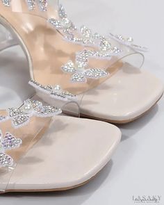 Lasaky - Clear Strap Rhinestone Butterfly Pattern Chunky Heels Crystal High Heel Shoes For Spring, Spring Crystal High Heels, Crystal Heels For Spring Wedding, Spring Wedding Crystal Heels, Embellished Clear Open Toe Heels, Butterfly Pattern, Chunky Heels, Wedding Shoe, Heels