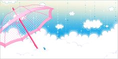 a pink umbrella floating in the air above clouds and blue sky with white polka dots