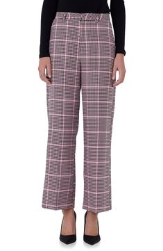 A cheery shade of pink updates the houndstooth check of high-waist pants that exemplify a softer approach to corner-office attire. 60% polyester, 40% rayon Hand wash, dry flat Imported Houndstooth Trousers For Workwear, Houndstooth Pattern Pants For Workwear, Houndstooth Pattern Trousers For Work, Houndstooth Work Trousers, Straight Pants With Houndstooth Pattern For Workwear, Straight Houndstooth Pants For Workwear, Wide Leg Houndstooth Pants For Work, Pink Pants For Office In Fall, Pink Office Pants For Fall