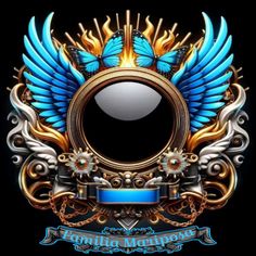 a mirror with blue and gold wings on it, in the middle of a black background