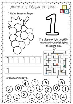 the worksheet for numbers 1 to 10 is shown in black and white, with an image of grapes on it