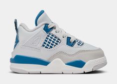 a white and blue sneaker is shown on a white background with light blue accents