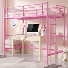 a pink bunk bed with a desk and computer on it in a child's bedroom