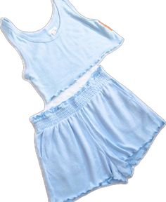 Blue Crop Top For Summer Loungewear, Casual Blue Crop Top For Loungewear, Blue Tops For Loungewear During Beach Season, Blue Relaxed Fit Crop Top For Spring, Relaxed Fit Blue Crop Top For Spring, Blue Short Summer Top, Blue Short Top For Summer, Light Blue Short Summer Tops, Light Blue Short Tops For Summer