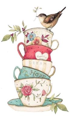 a bird sitting on top of three stacked teacups with the words dream above them