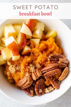 sweet potato breakfast bowl with pecans, apples and crumbs in a white bowl