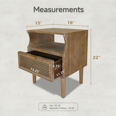 the measurements for an end table are shown in this image, with one drawer open and two drawers on each side