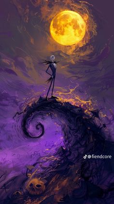 a cartoon character standing on top of a wave in front of a full moon,