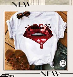 Women Sexy Lip Print Round Neck Short Sleeve T-shirt Plus Size 90s, Printed Tshirt Women, Designer Formal Dresses, Shiny Lips, Women Tshirt, Wholesale Shirts, Glitter Lips, Lips Print, Ladies Tee Shirts