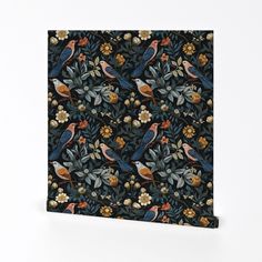 a black and blue wallpaper with birds on it, surrounded by leaves and flowers