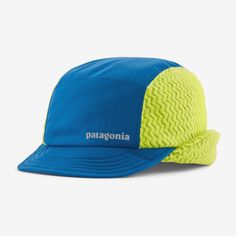 a blue and yellow hat with the word patagonia on it