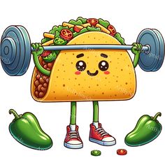 a cartoon taco character lifting a barbell