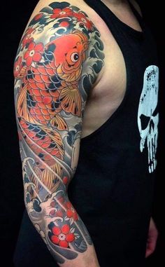 a man with a tattoo on his arm has a koi fish and skull in the background